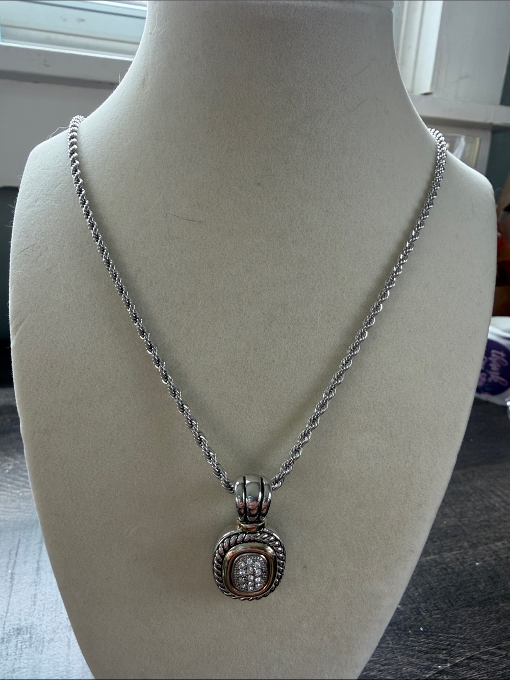 Silver Crystal Rope Chain Pendant Necklace